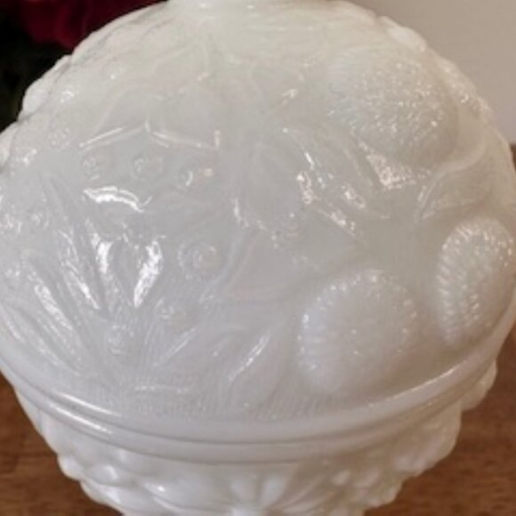 Avon Milk Glass Lidded Candy Dish Pedestal Jar Embossed Fruit Floral Vintage - Picture 5 of 7